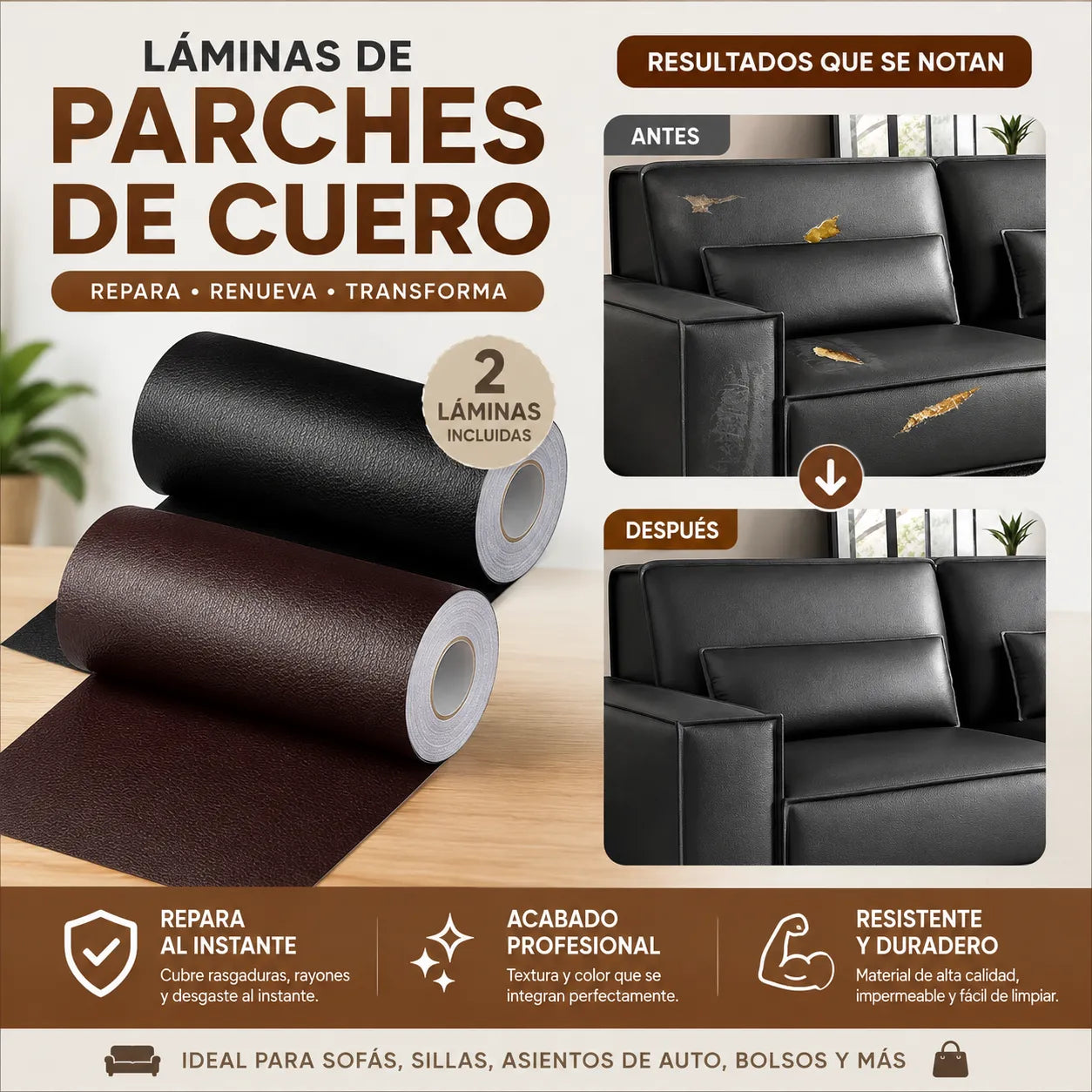 RenovaPatch® | Parches de cuero impermeable y autoadhesivo x2 Unidades 🛋️
