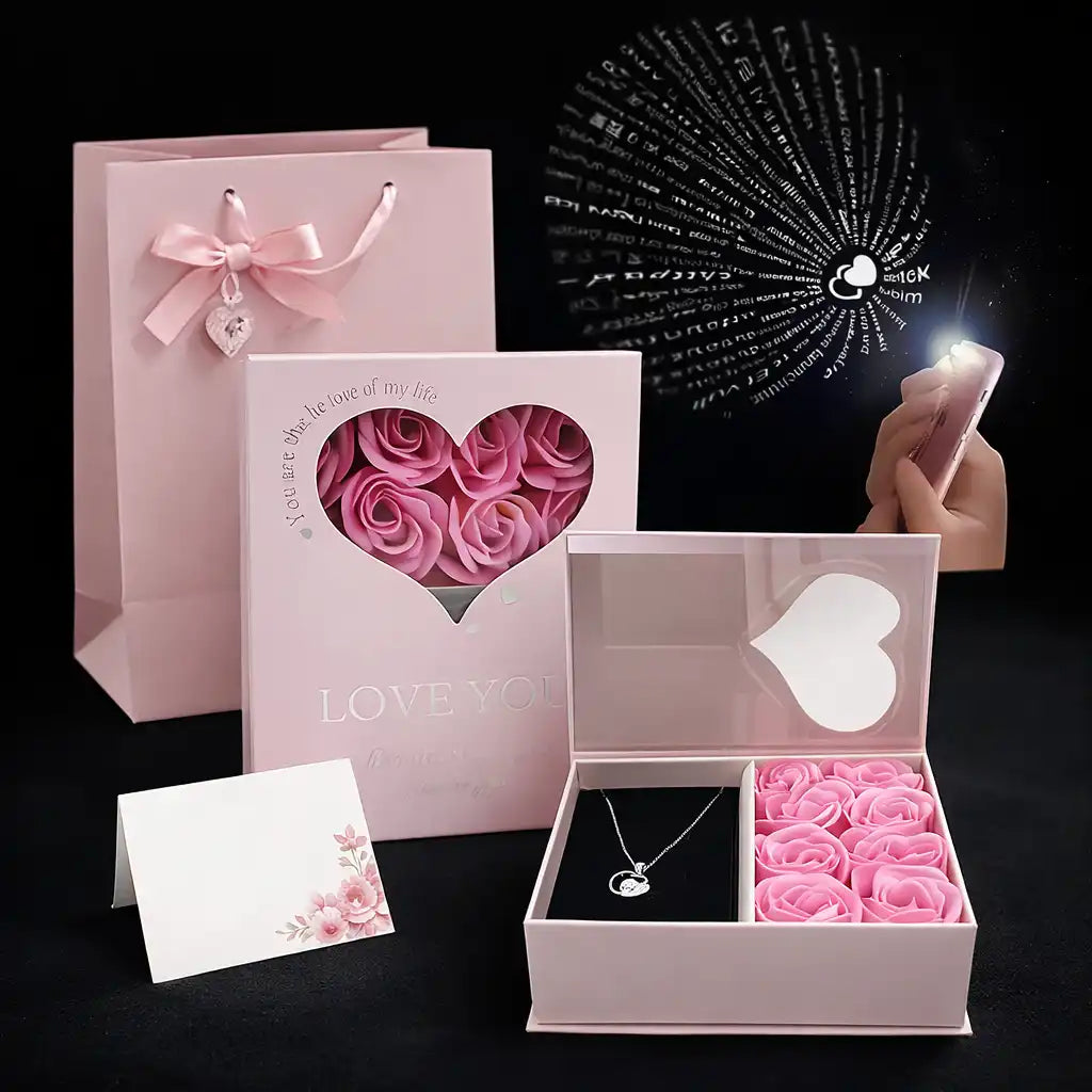 LOVEBOX® | 🌹 Cofre "Esencia de Amor": Rosa de jabon + Collar con Mensaje Oculto ✨